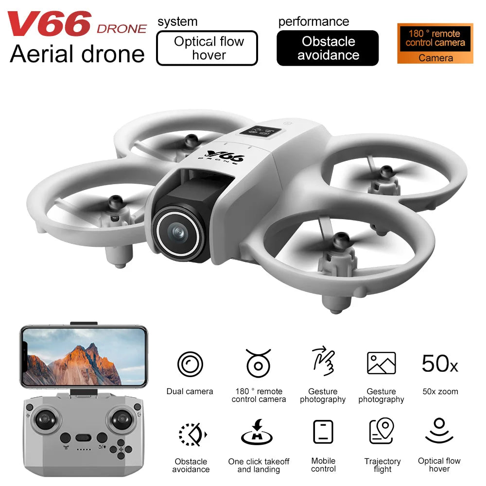 NEW V66 Drone 4K Professional HD 180° ESC Dual Cameras Competition Dron WIFI Obstacle Avoidance FPV Foldable RC Quadcopter Toys