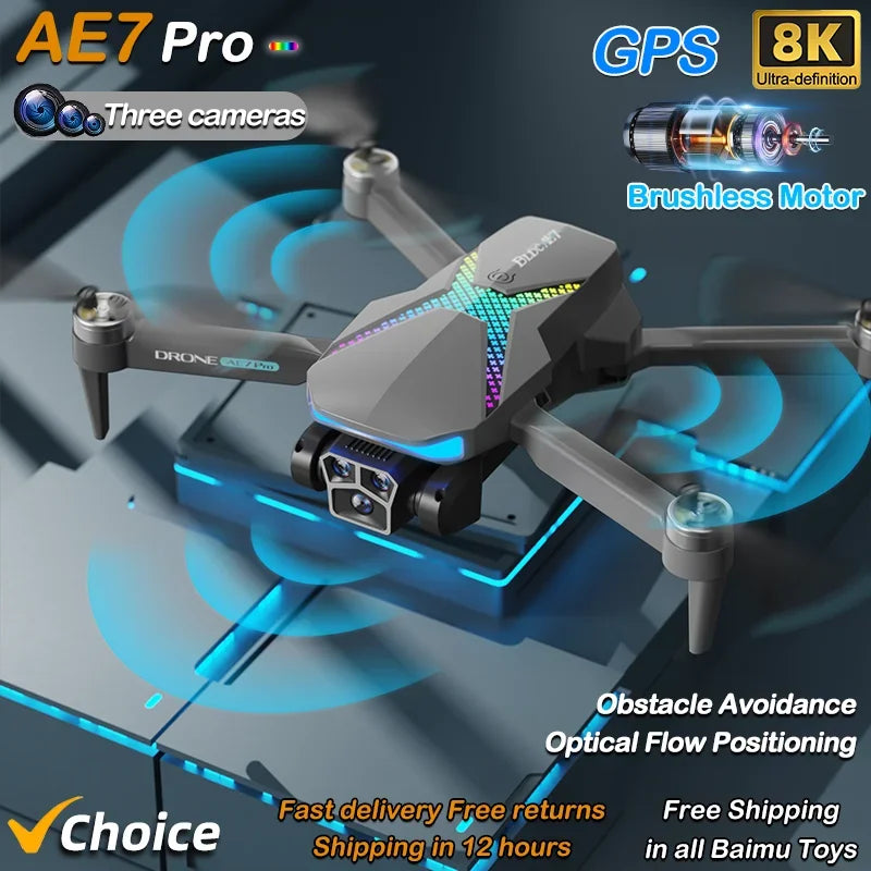 Hot Drone AE7 Pro Brushless Professional 8K HD Camera WIFI FPV Obstacle Avoidance Optical Flow RC Foldable Quadcopter Toys