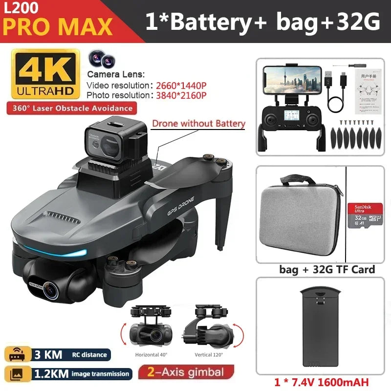 L200 PRO MAX Drone 4K 2-Axis PTZ HD Dual Camera 360° Laser Obstacle Avoidance Brushless Motor GPS 5G WIFI RC FPV Quadcopter Toys