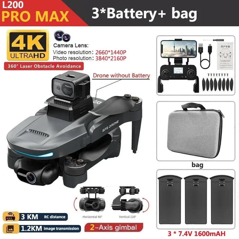 L200 PRO MAX Drone 4K 2-Axis PTZ HD Dual Camera 360° Laser Obstacle Avoidance Brushless Motor GPS 5G WIFI RC FPV Quadcopter Toys