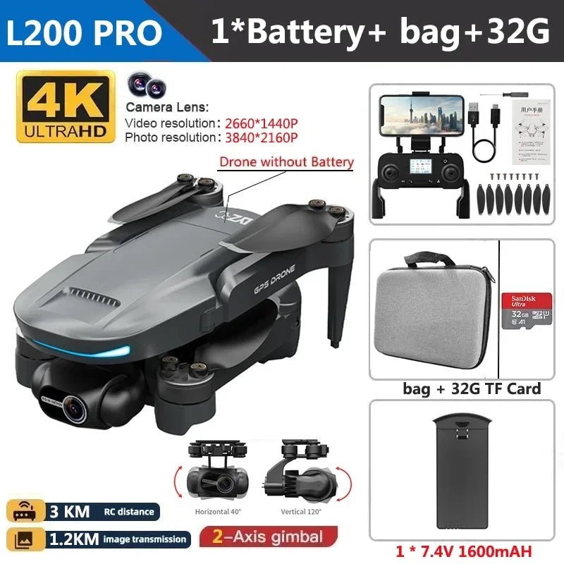 L200 PRO MAX Drone 4K 2-Axis PTZ HD Dual Camera 360° Laser Obstacle Avoidance Brushless Motor GPS 5G WIFI RC FPV Quadcopter Toys
