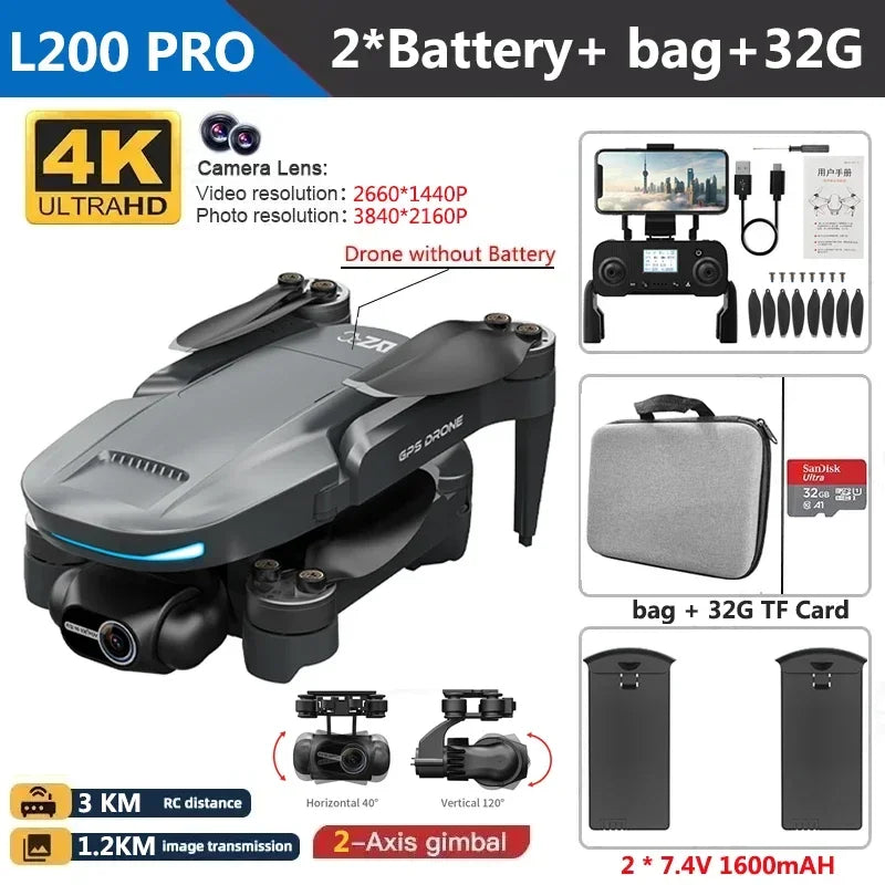 L200 PRO MAX Drone 4K 2-Axis PTZ HD Dual Camera 360° Laser Obstacle Avoidance Brushless Motor GPS 5G WIFI RC FPV Quadcopter Toys