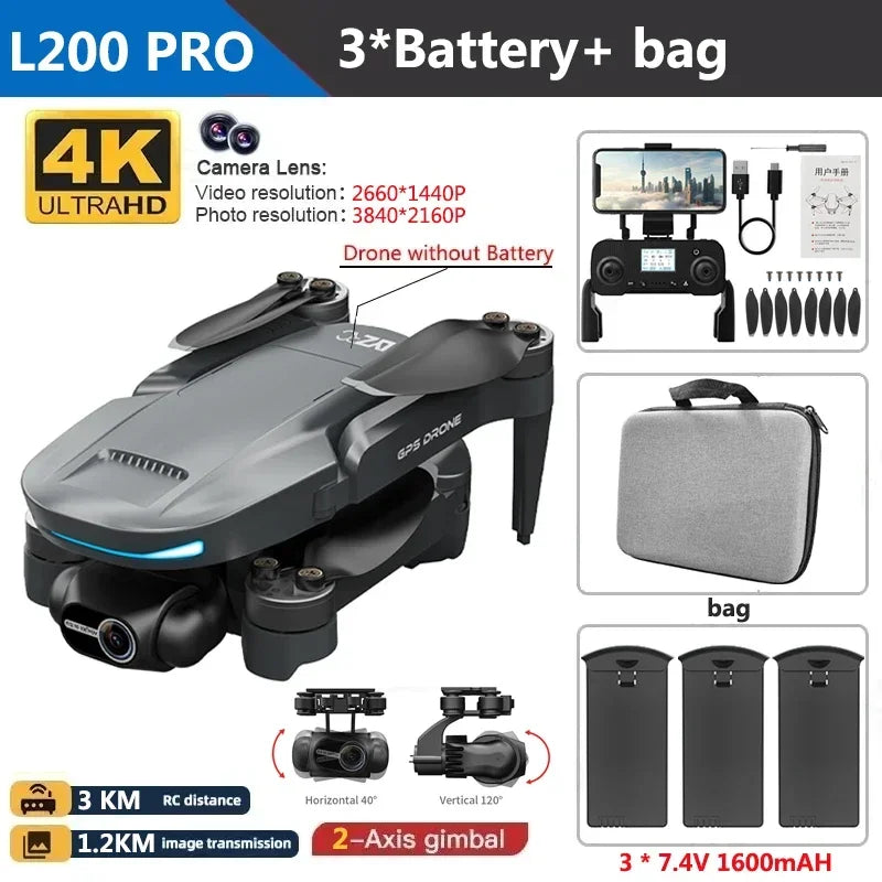 L200 PRO MAX Drone 4K 2-Axis PTZ HD Dual Camera 360° Laser Obstacle Avoidance Brushless Motor GPS 5G WIFI RC FPV Quadcopter Toys