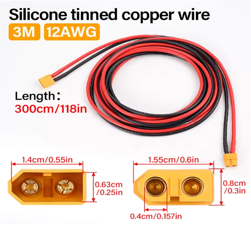 12AWG XT60 Male Female Conversion Plug Connection Cable 300CM Silicone