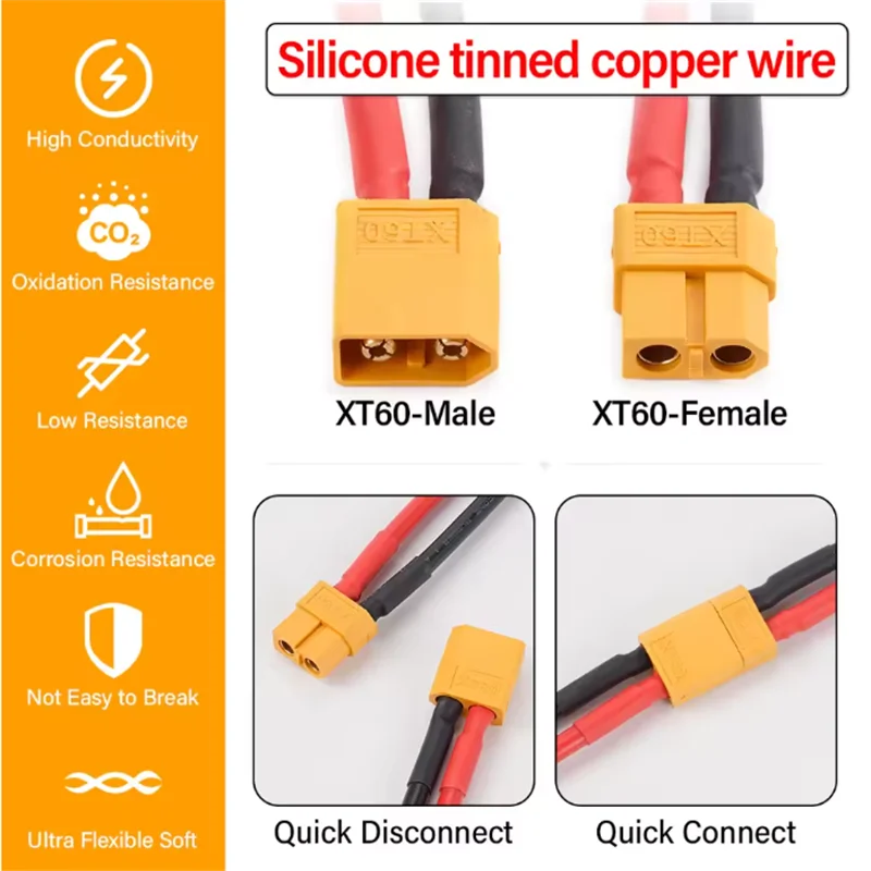 12AWG XT60 Male Female Conversion Plug Connection Cable 300CM Silicone