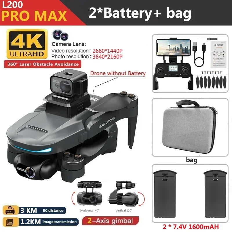 L200 PRO MAX Drone 4K 2-Axis PTZ HD Dual Camera 360° Laser Obstacle Avoidance Brushless Motor GPS 5G WIFI RC FPV Quadcopter Toys